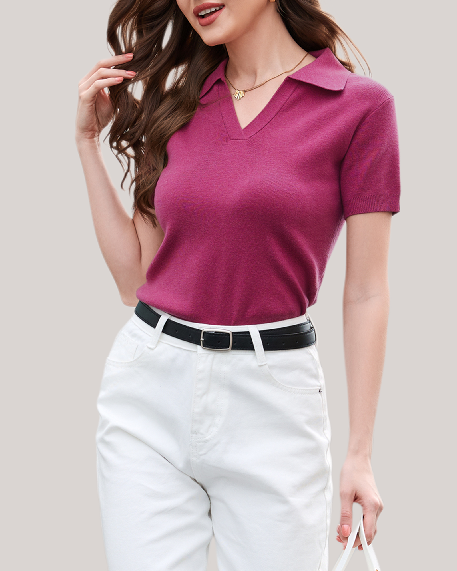 Arach&Cloz Workday Wool-Blend Polo Knit Top