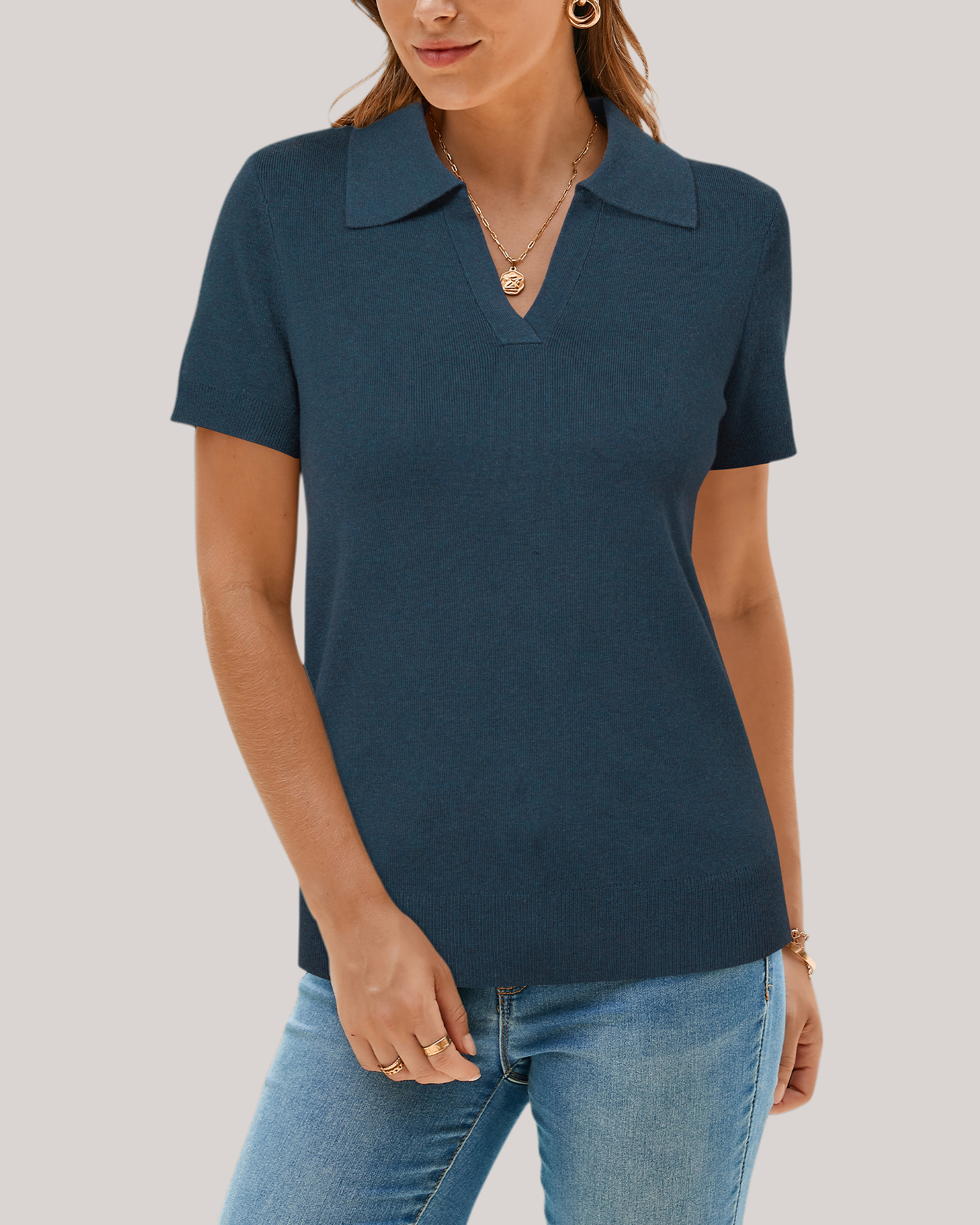 Arach&Cloz Workday Wool-Blend Polo Knit Top