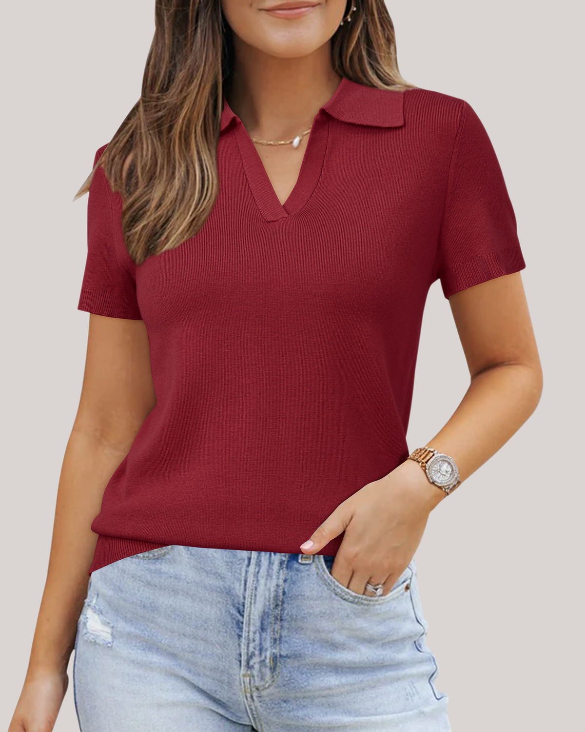 Arach&Cloz Workday Wool-Blend Polo Knit Top