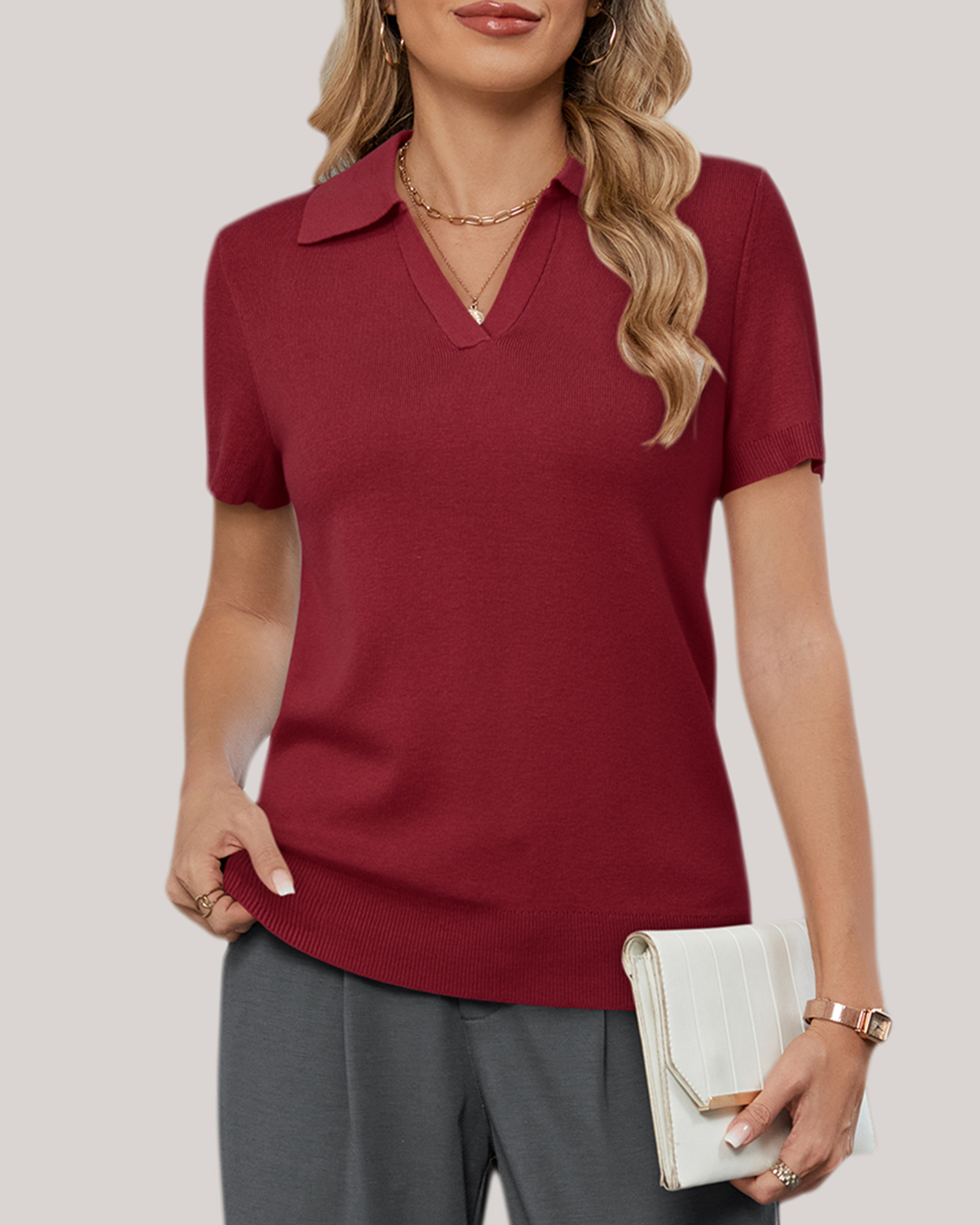Arach&Cloz Workday Wool-Blend Polo Knit Top