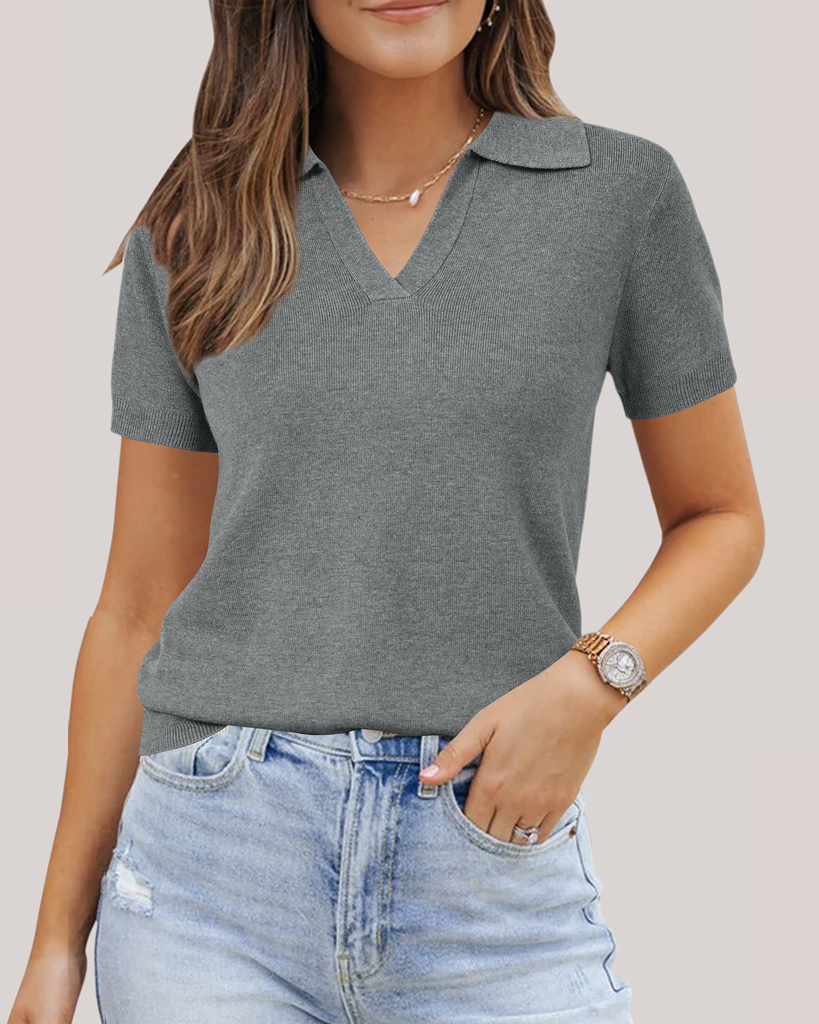 Arach&Cloz Workday Wool-Blend Polo Knit Top