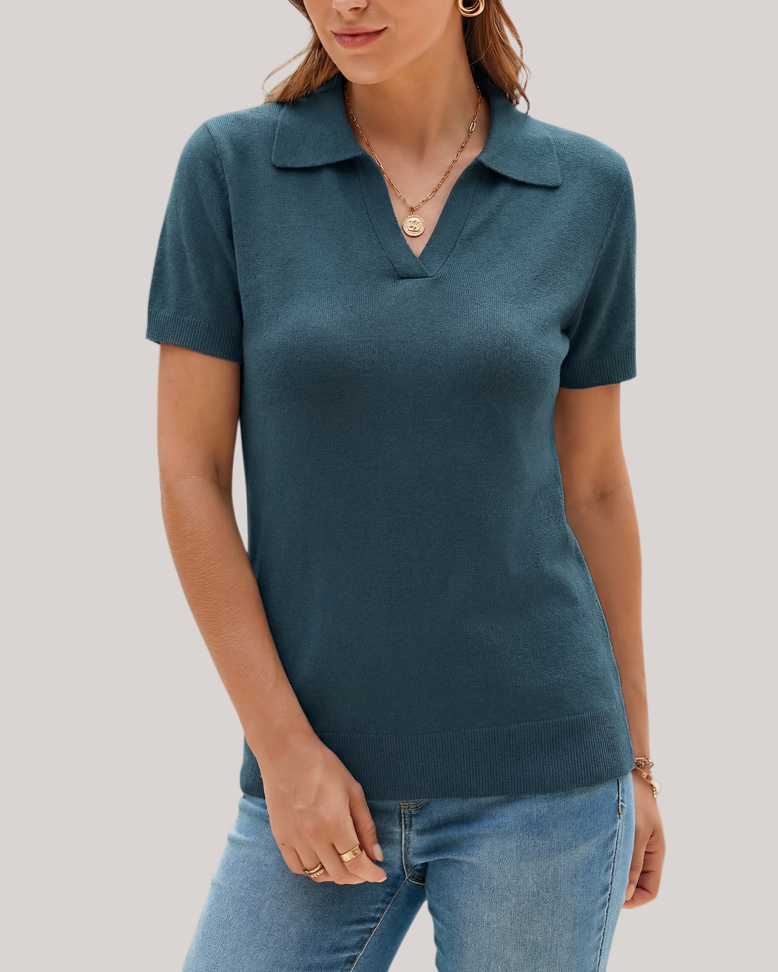Arach&Cloz Workday Wool-Blend Polo Knit Top