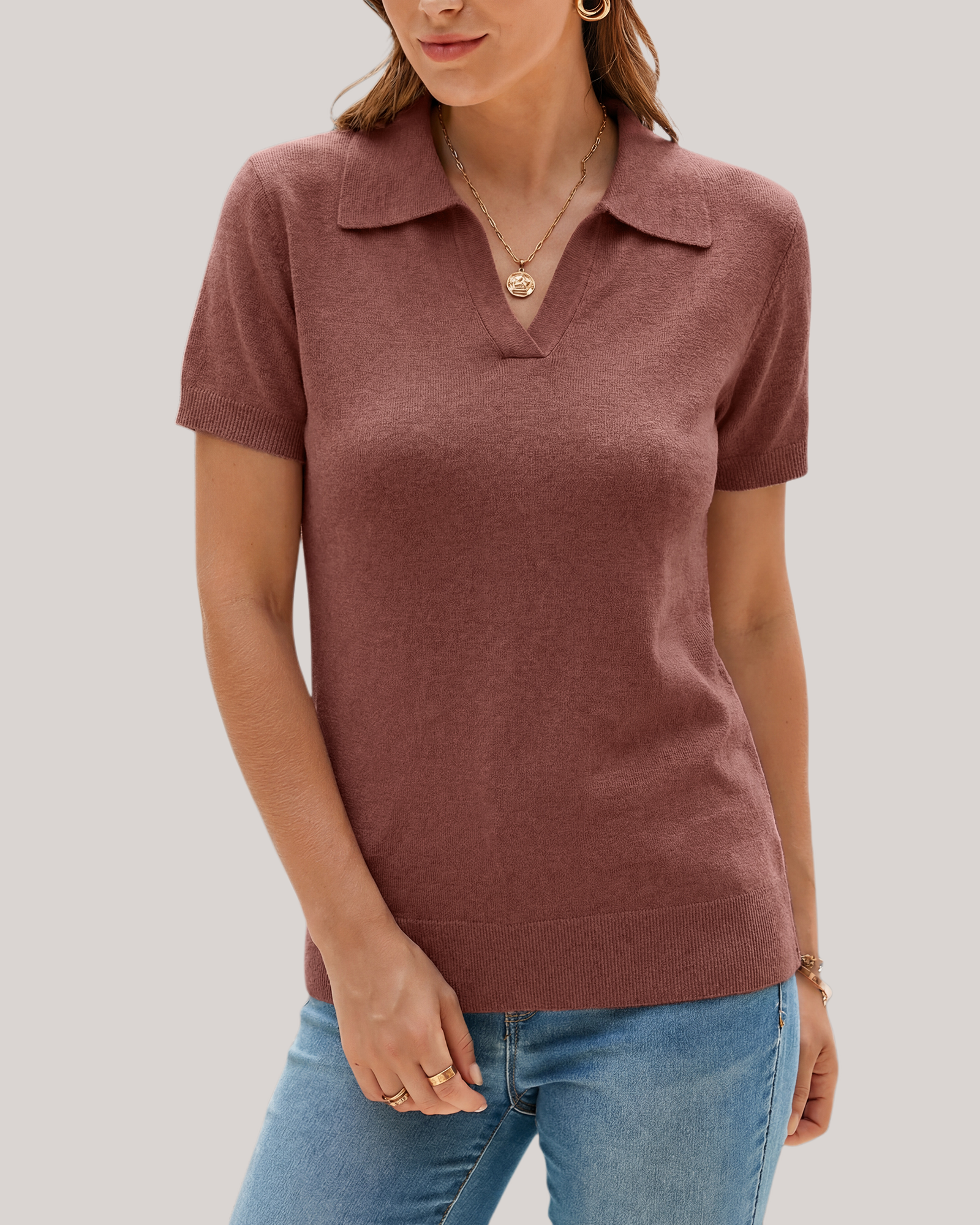 Arach&Cloz Workday Wool-Blend Polo Knit Top