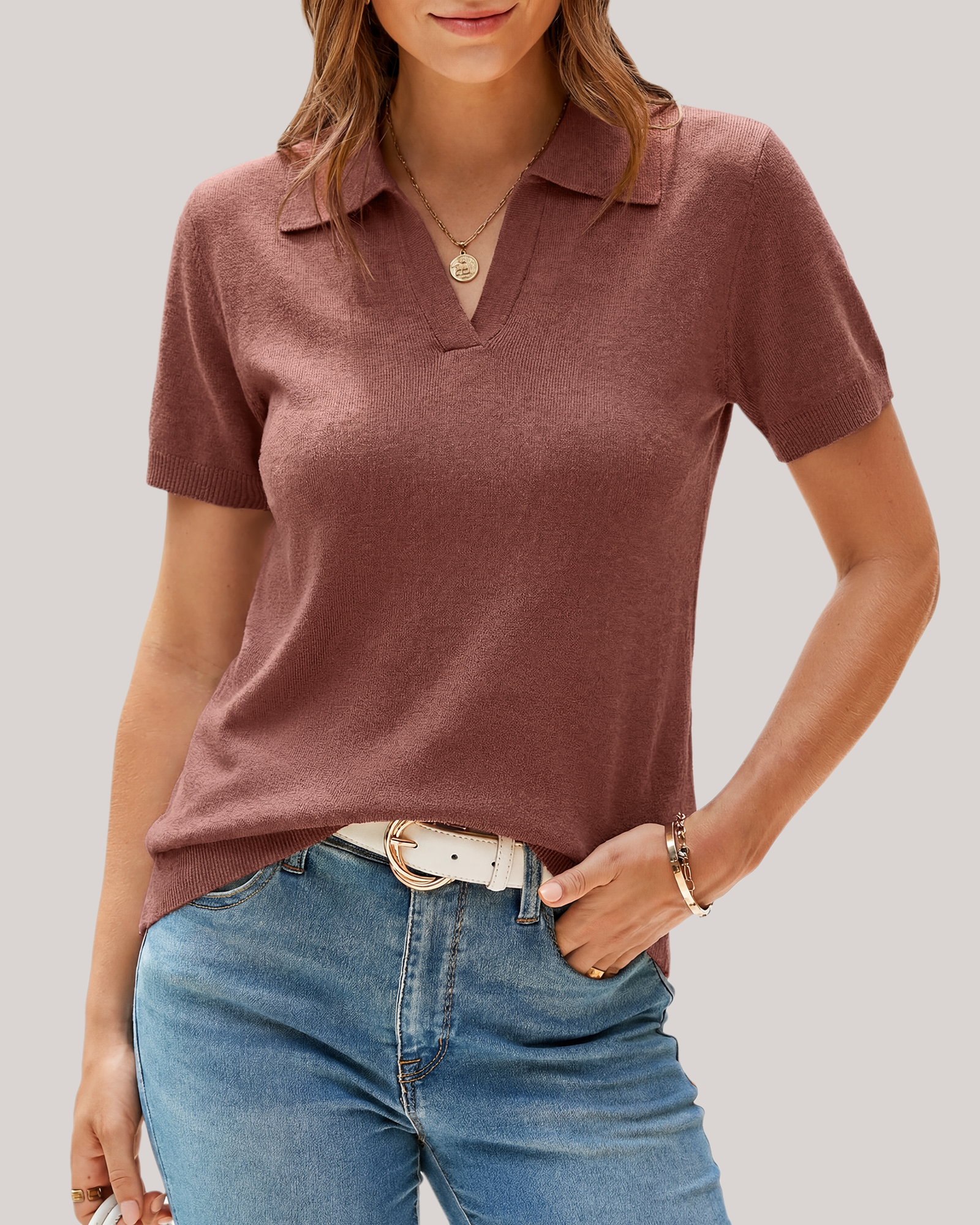 Arach&Cloz Workday Wool-Blend Polo Knit Top