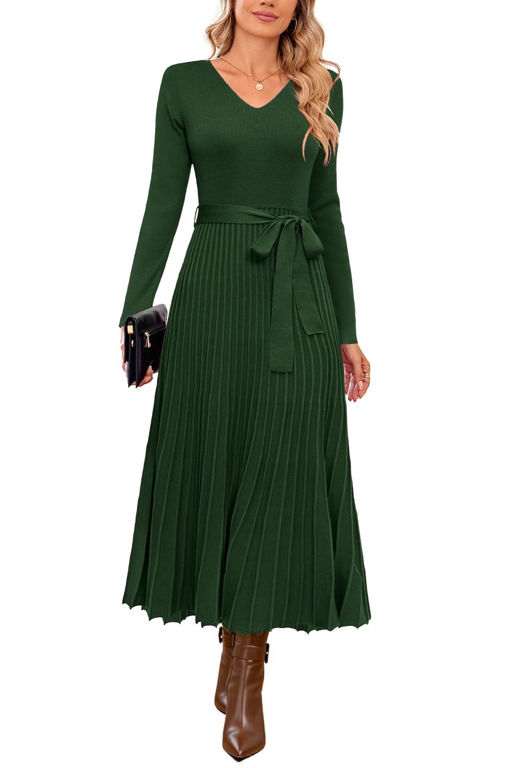 Arach&Cloz Wool-Blend Tie-Waist Pleated Dress — product image 6