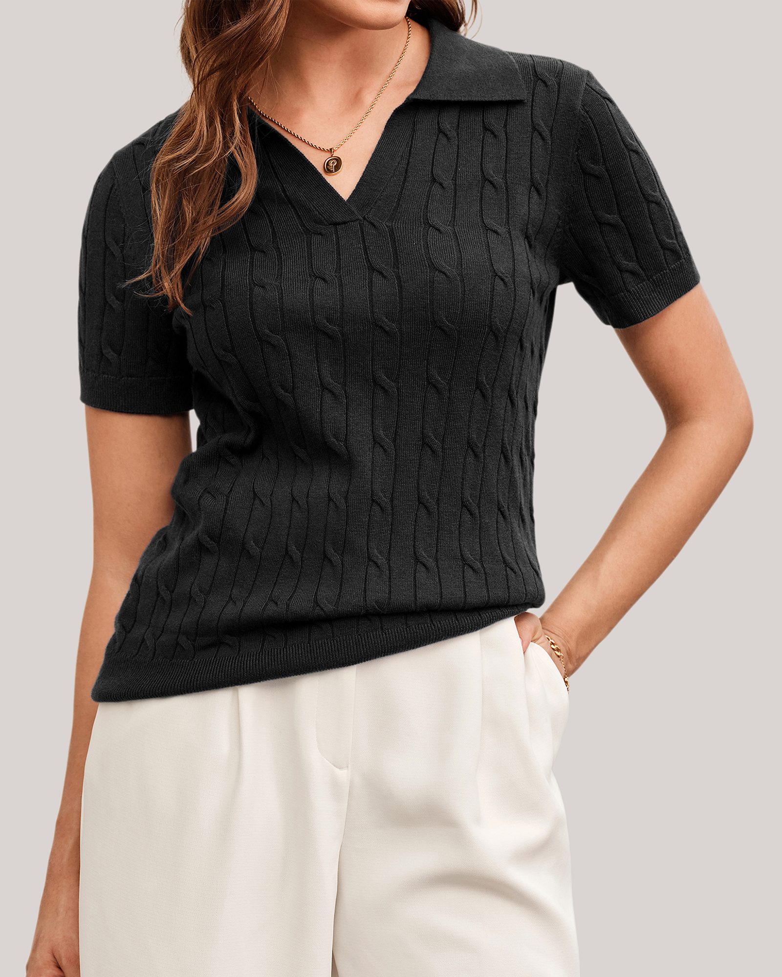 Arach&Cloz Workday Wool-Blend Polo Knit Top
