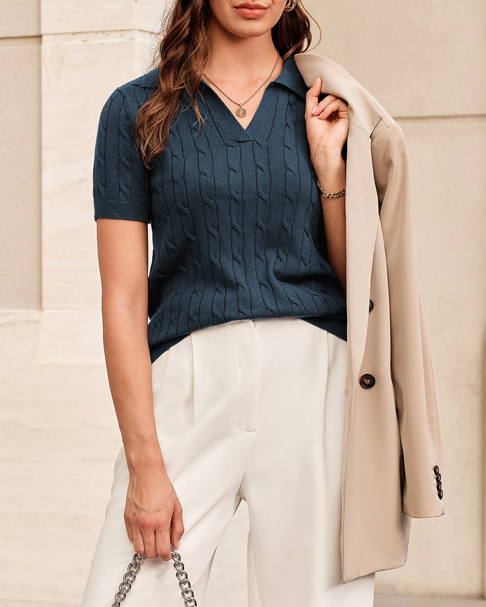 Arach&Cloz Workday Wool-Blend Polo Knit Top
