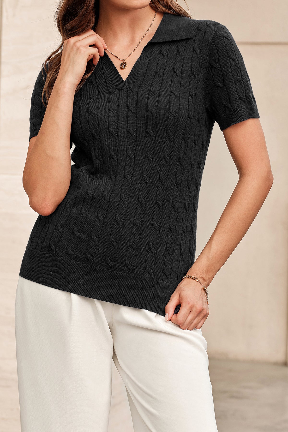 Arach&Cloz Wool-Blend Polo Knit Top — Rose Red — product image 4
