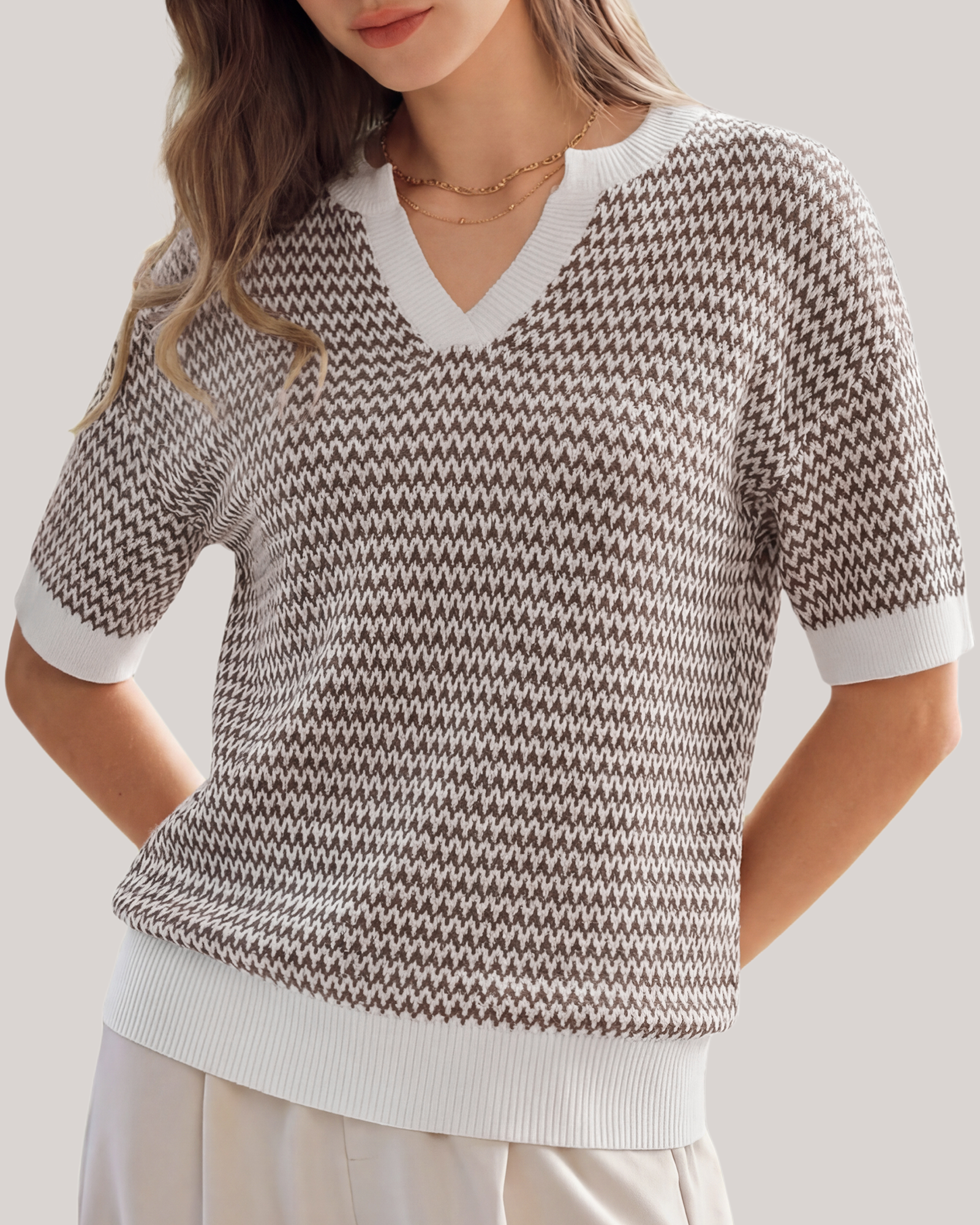 Arach&Cloz Striped 100% Cotton V-Neck Polo Knit Top