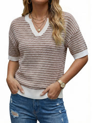 Arach&Cloz Women's 100% Cotton V-Neck Striped Short-Sleeve Polo Sweater (2026)