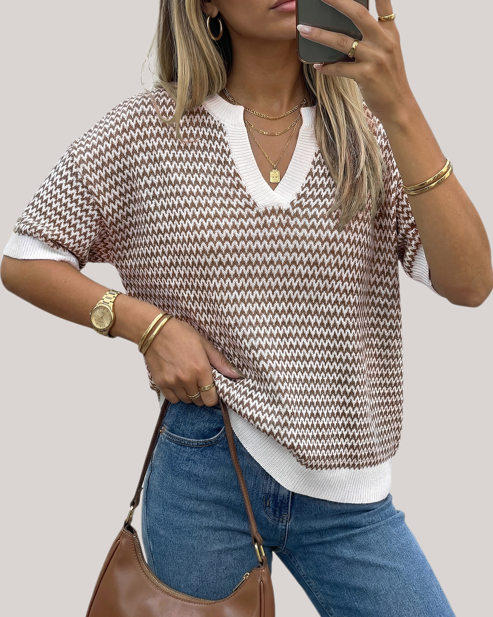 Arach&Cloz Striped 100% Cotton V-Neck Polo Knit Top
