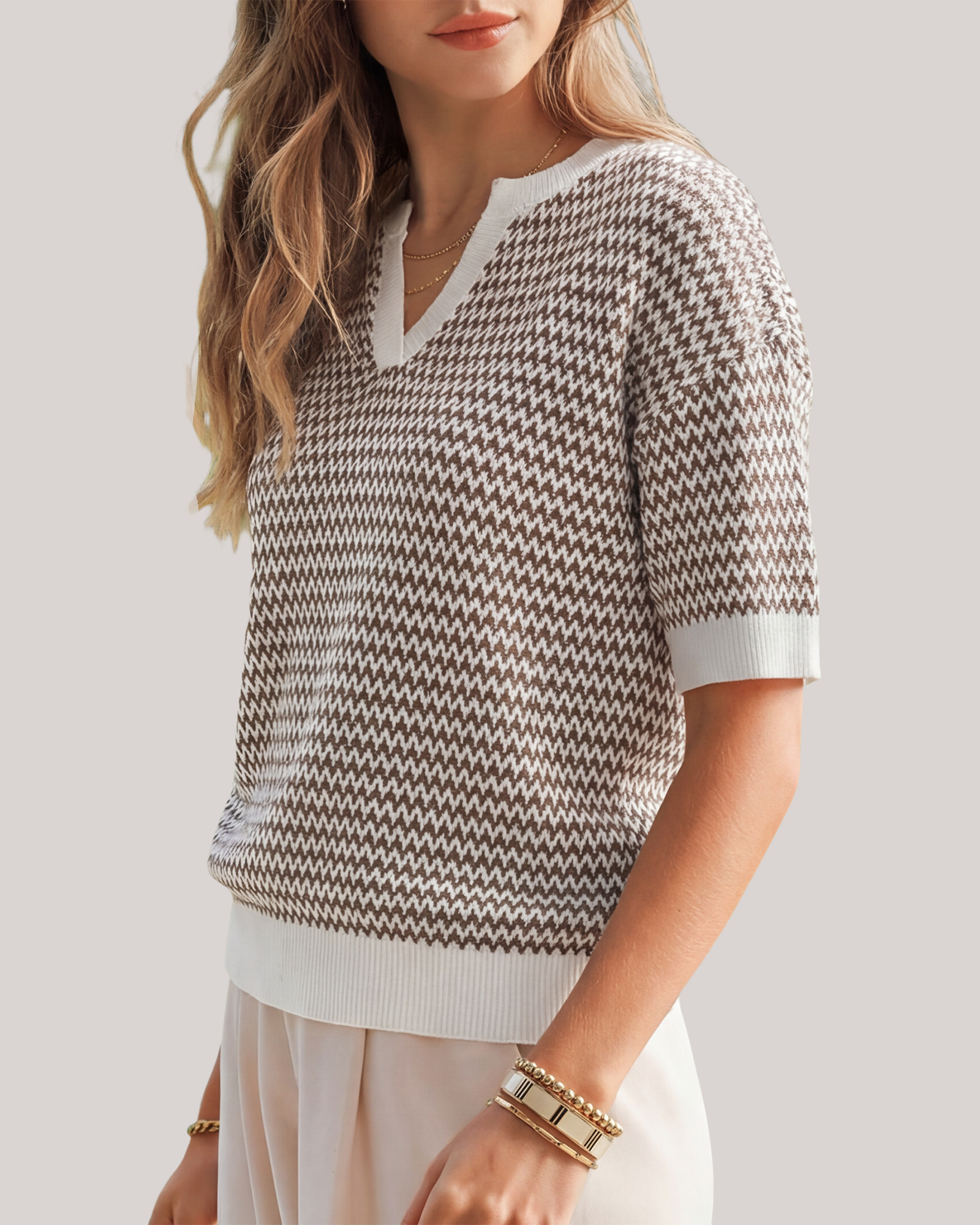 Arach&Cloz Striped 100% Cotton V-Neck Polo Knit Top