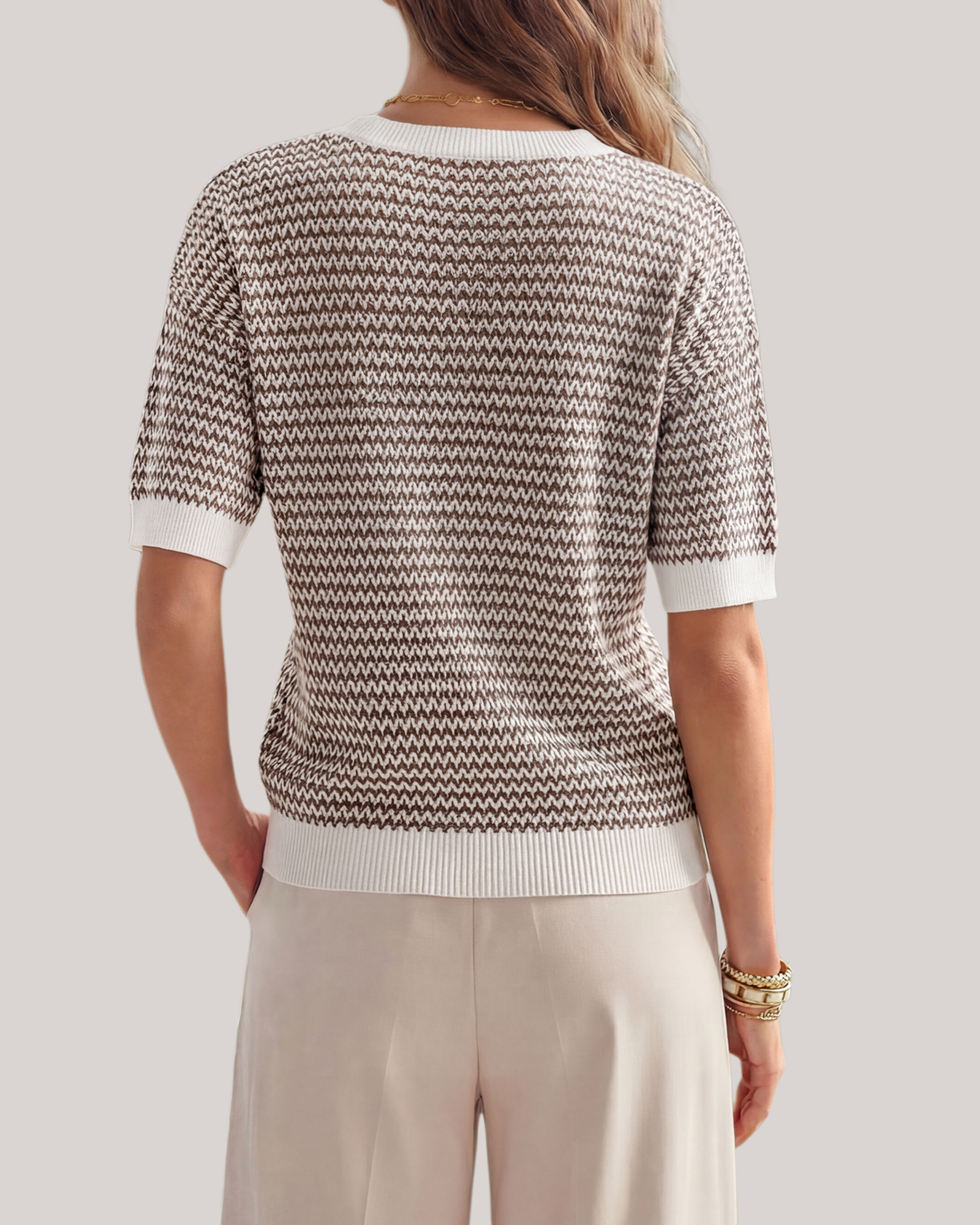 Arach&Cloz Striped 100% Cotton V-Neck Polo Knit Top