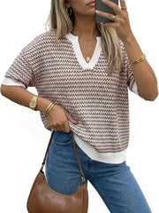Arach&Cloz Women's 100% Cotton V-Neck Striped Short-Sleeve Polo Sweater (2026)