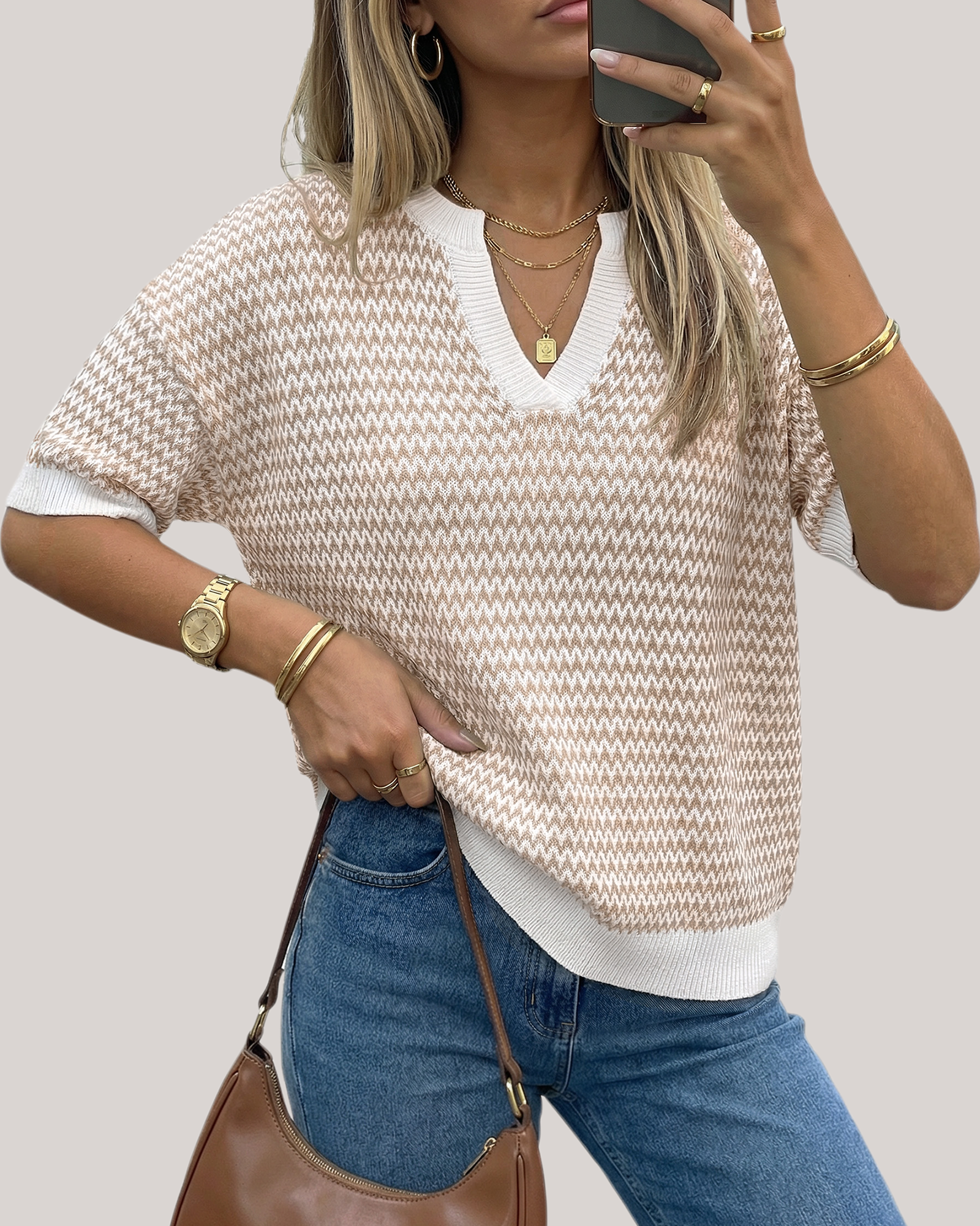Arach&Cloz Striped 100% Cotton V-Neck Polo Knit Top