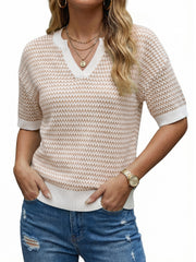 Arach&Cloz Women's 100% Cotton V-Neck Striped Short-Sleeve Polo Sweater (2026)