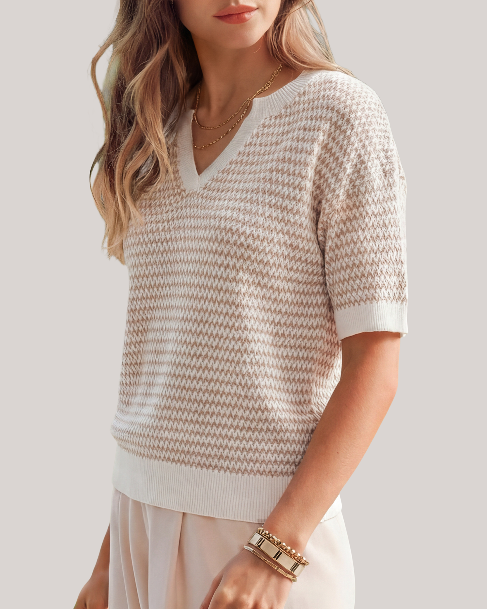 Arach&Cloz Striped 100% Cotton V-Neck Polo Knit Top