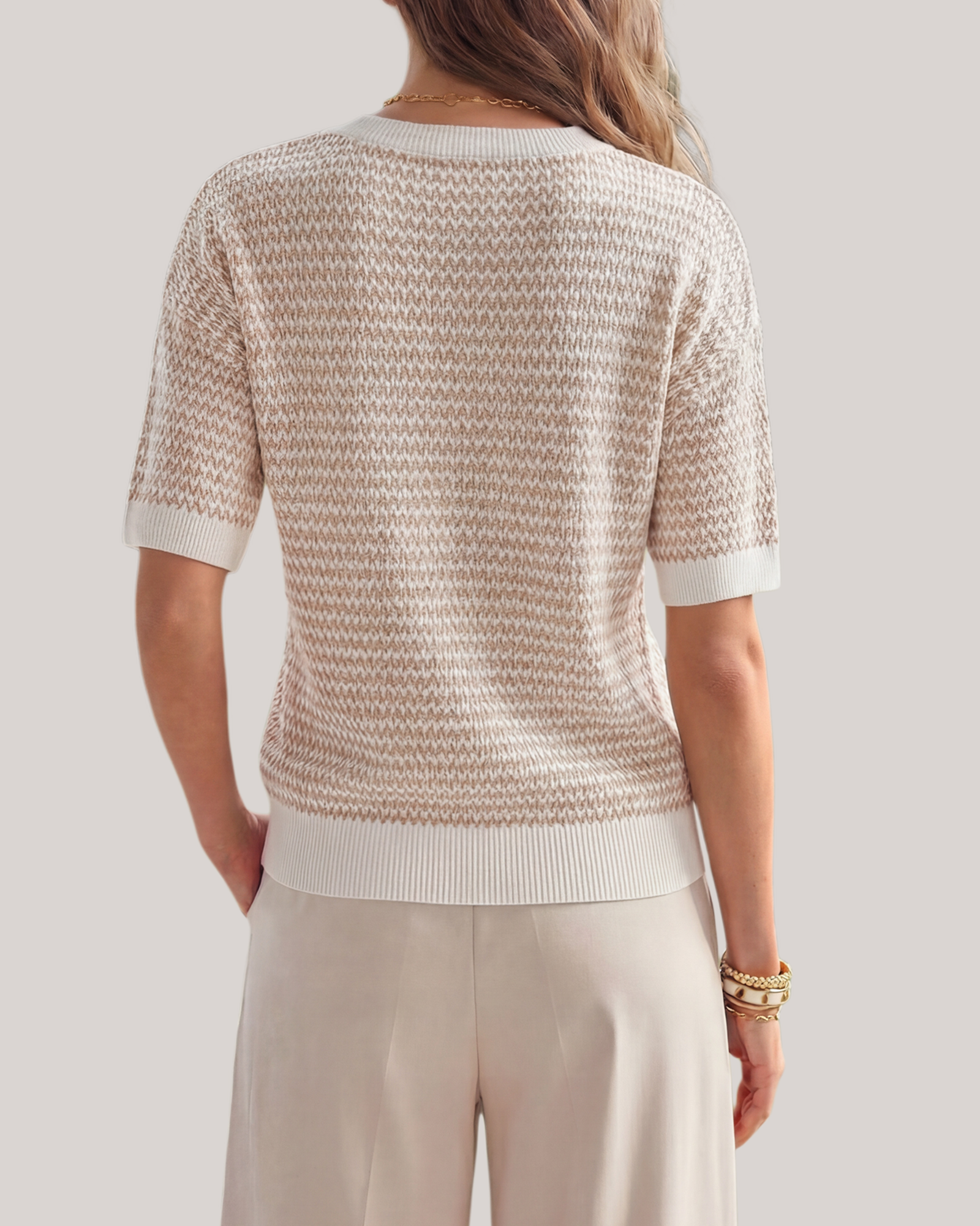 Arach&Cloz Striped 100% Cotton V-Neck Polo Knit Top