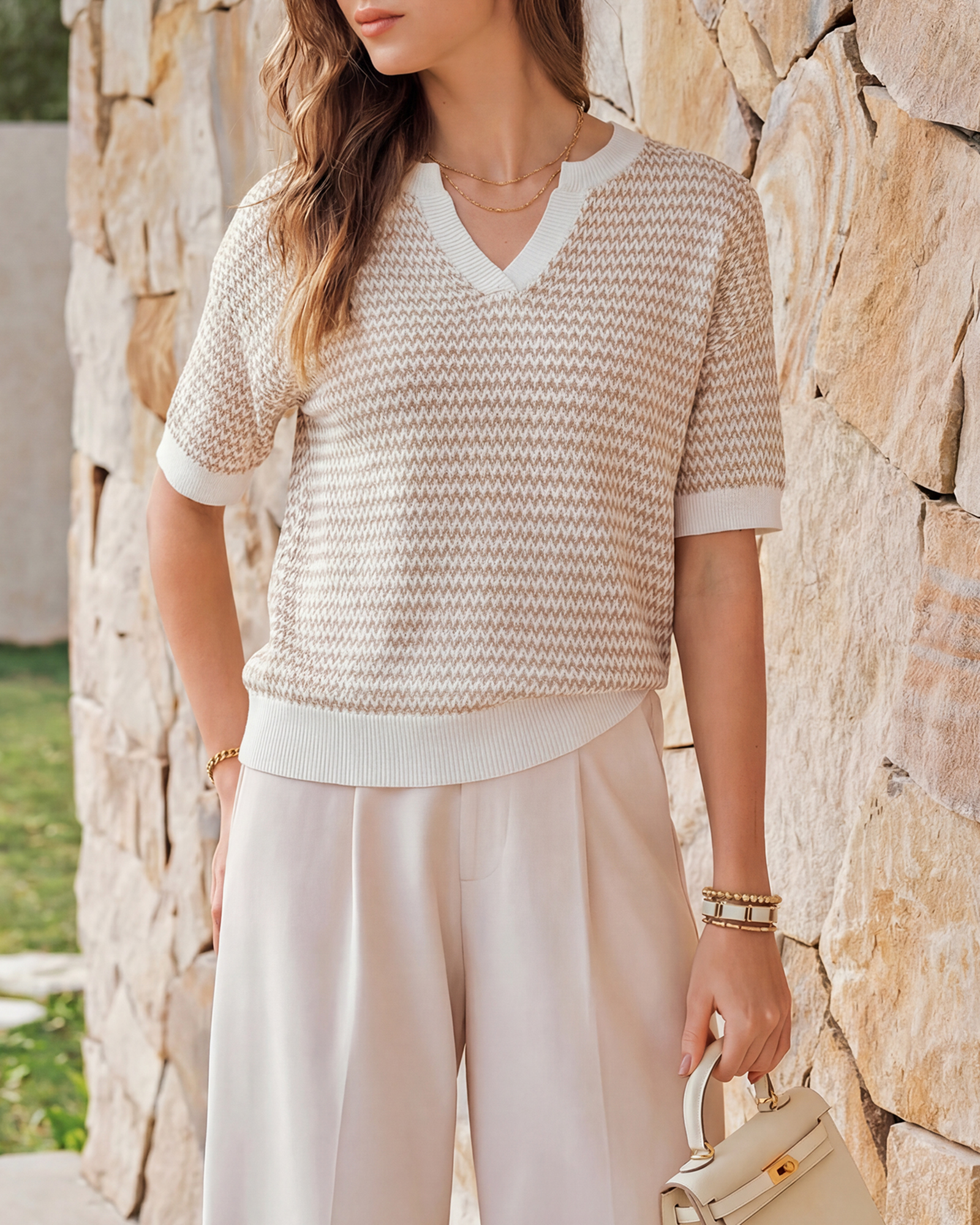 Arach&Cloz Striped 100% Cotton V-Neck Polo Knit Top