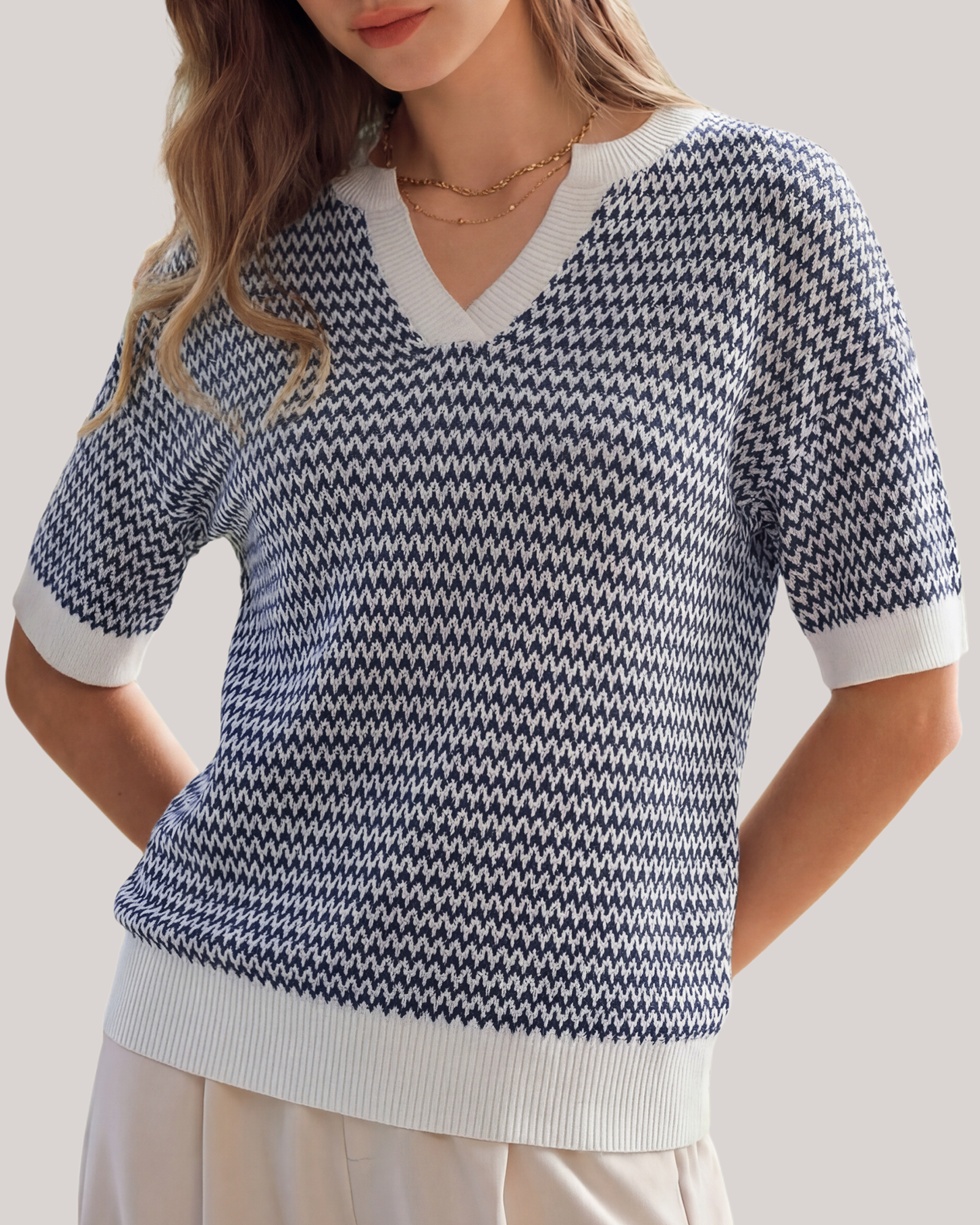 Arach&Cloz Striped 100% Cotton V-Neck Polo Knit Top