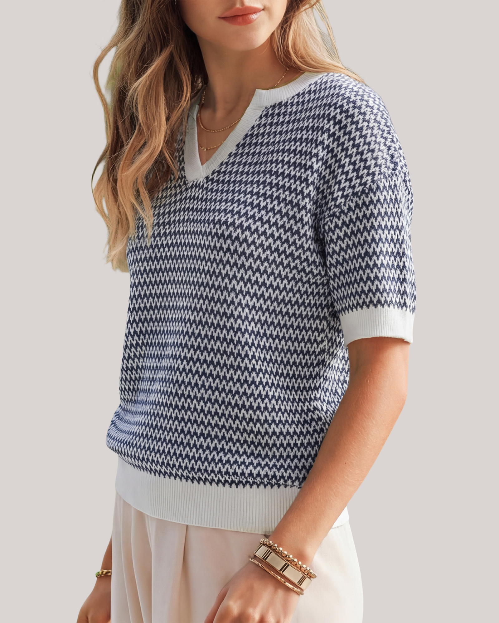 Arach&Cloz Striped 100% Cotton V-Neck Polo Knit Top