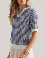 Arach&Cloz Striped 100% Cotton V-Neck Polo Knit Top