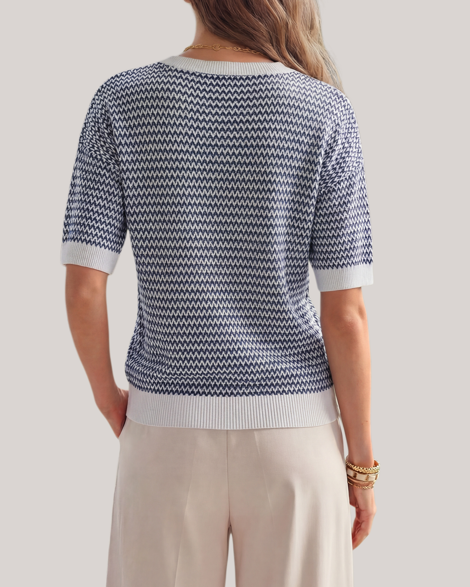 Arach&Cloz Striped 100% Cotton V-Neck Polo Knit Top