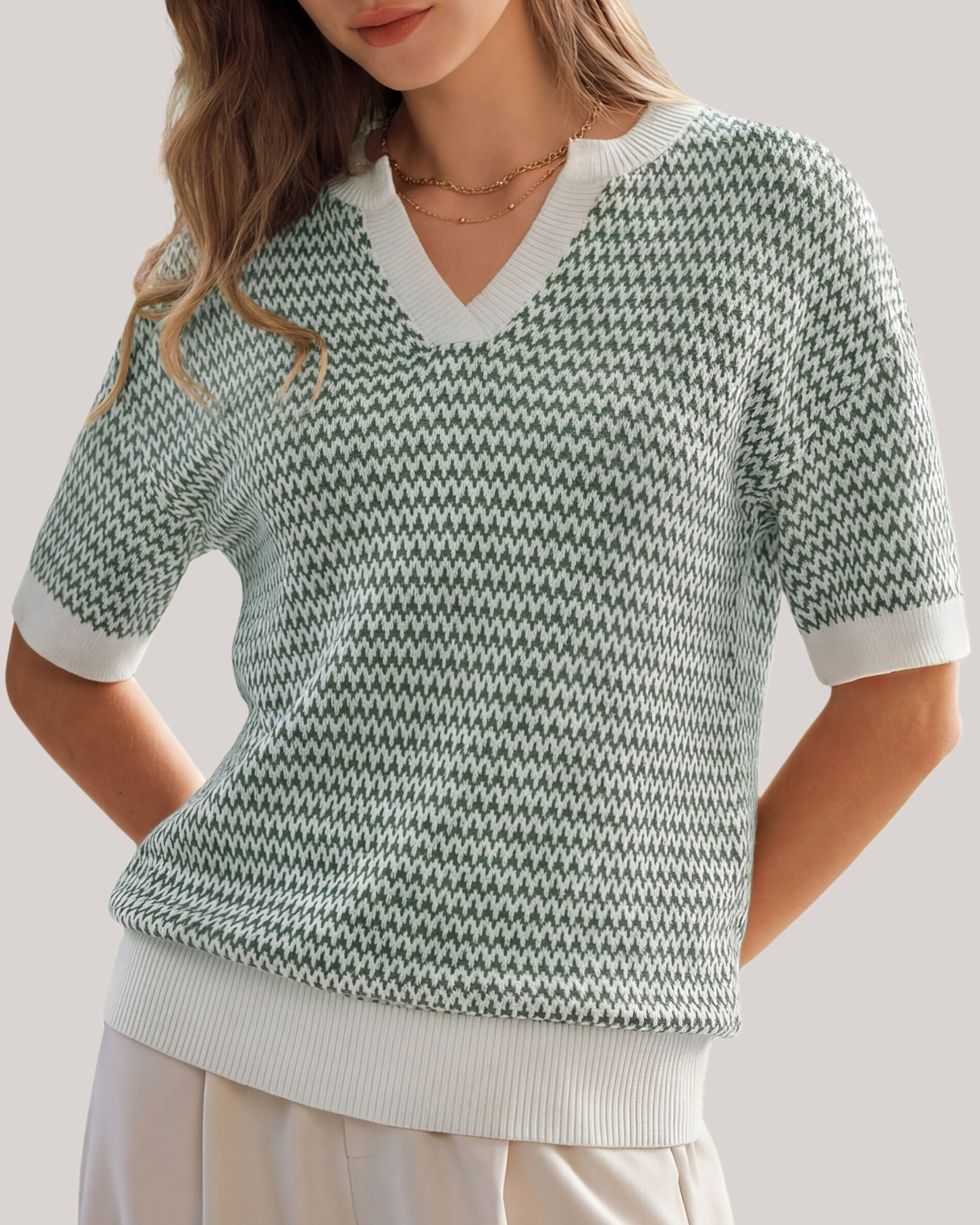 Arach&Cloz Striped 100% Cotton V-Neck Polo Knit Top