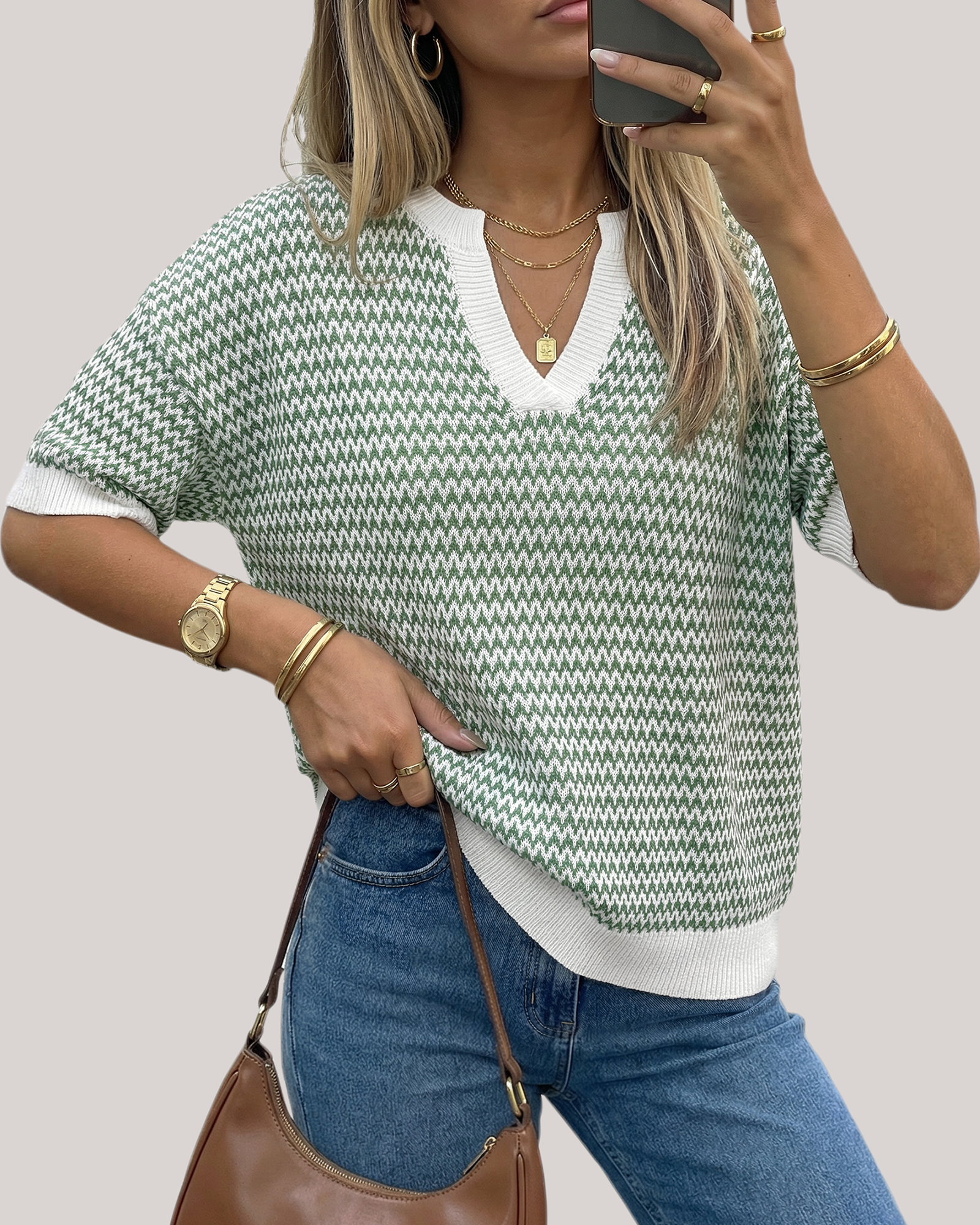 Arach&Cloz Striped 100% Cotton V-Neck Polo Knit Top