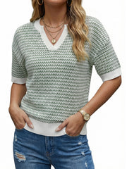 Arach&Cloz Women's 100% Cotton V-Neck Striped Short-Sleeve Polo Sweater (2026)
