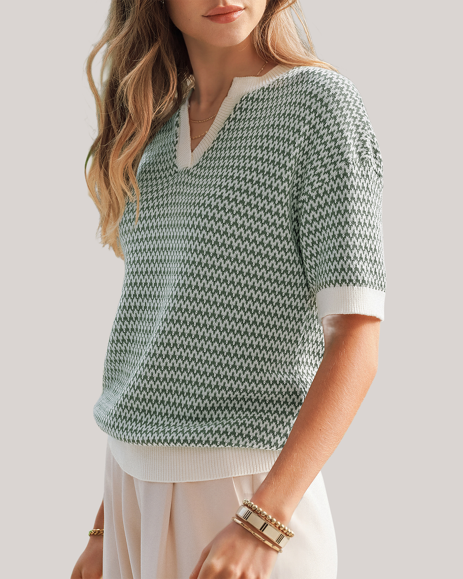 Arach&Cloz Striped 100% Cotton V-Neck Polo Knit Top