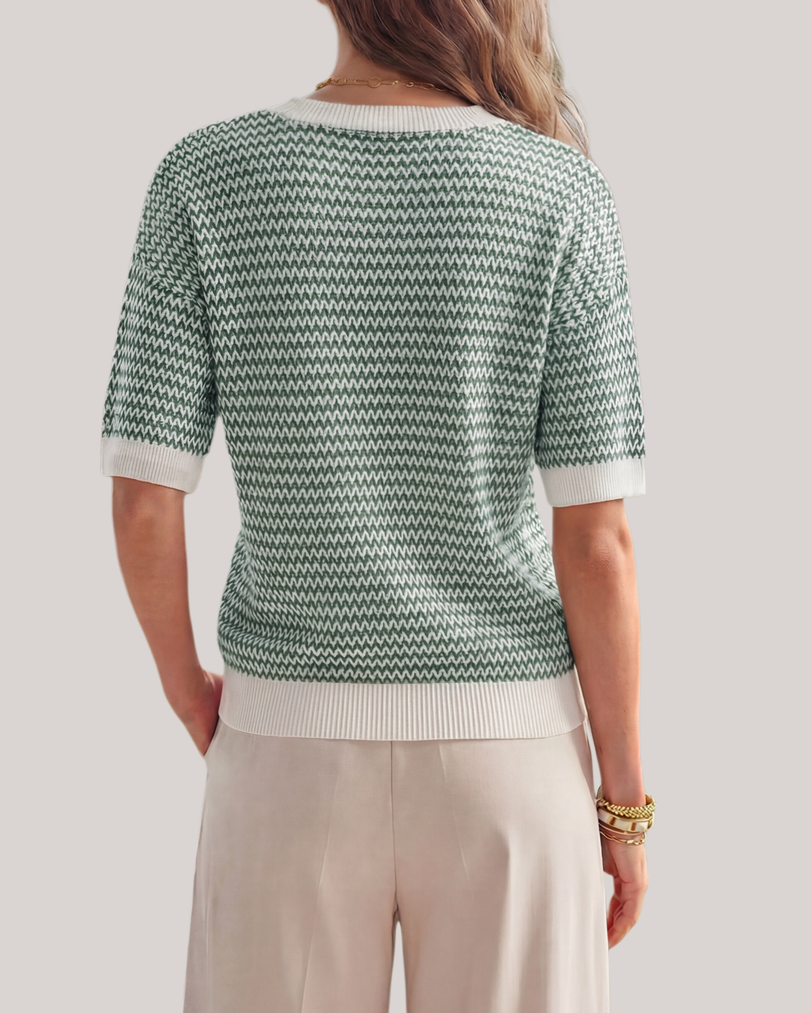 Arach&Cloz Striped 100% Cotton V-Neck Polo Knit Top