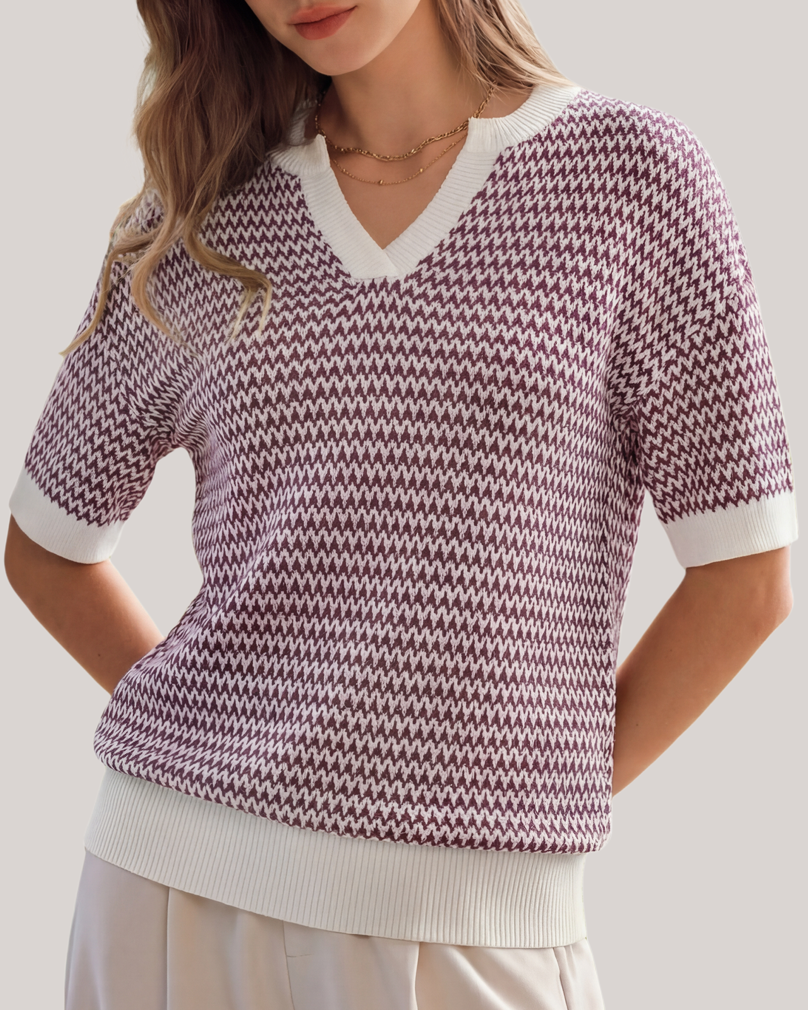 Arach&Cloz Striped 100% Cotton V-Neck Polo Knit Top