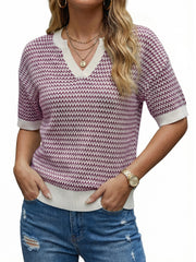 Arach&Cloz Women's 100% Cotton V-Neck Striped Short-Sleeve Polo Sweater (2026)