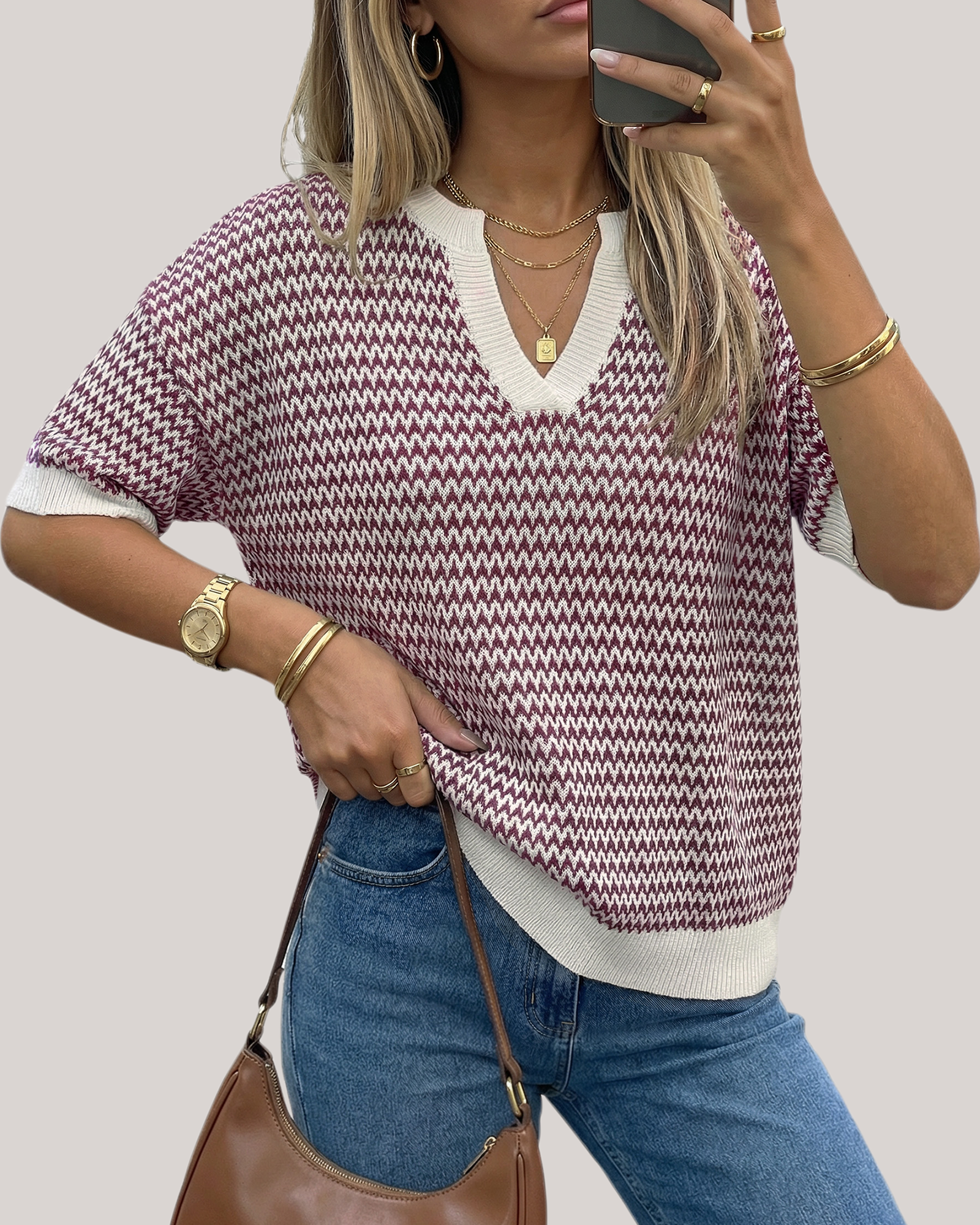 Arach&Cloz Striped 100% Cotton V-Neck Polo Knit Top