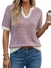 Arach&Cloz Women's 100% Cotton V-Neck Striped Short-Sleeve Polo Sweater (2026)