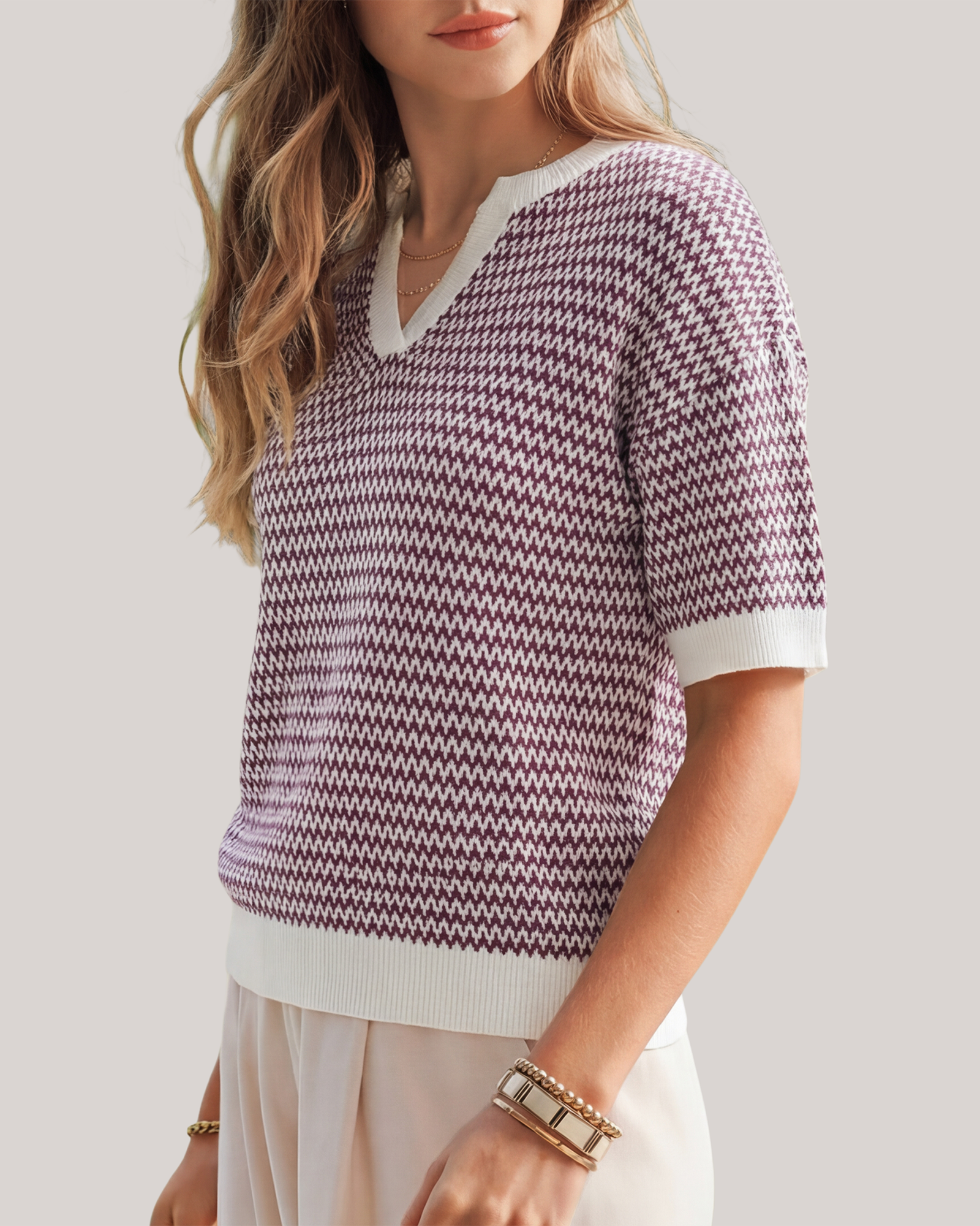 Arach&Cloz Striped 100% Cotton V-Neck Polo Knit Top
