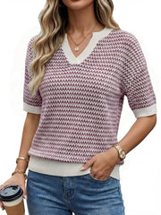 Arach&Cloz Women's 100% Cotton V-Neck Striped Short-Sleeve Polo Sweater (2026)