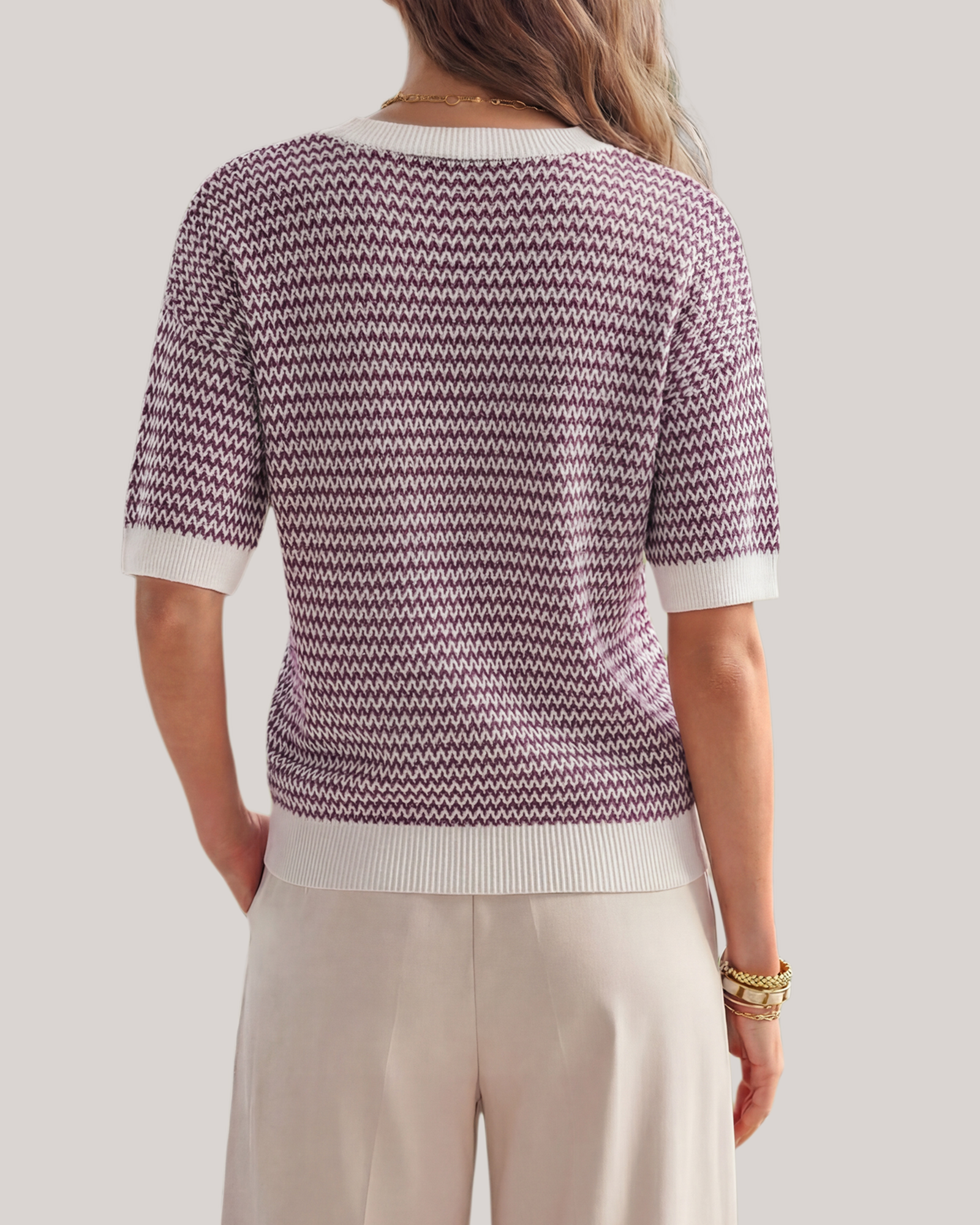 Arach&Cloz Striped 100% Cotton V-Neck Polo Knit Top