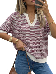 Arach&Cloz Women's 100% Cotton V-Neck Striped Short-Sleeve Polo Sweater (2026)