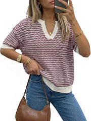 Arach&Cloz Women's 100% Cotton V-Neck Striped Short-Sleeve Polo Sweater (2026)