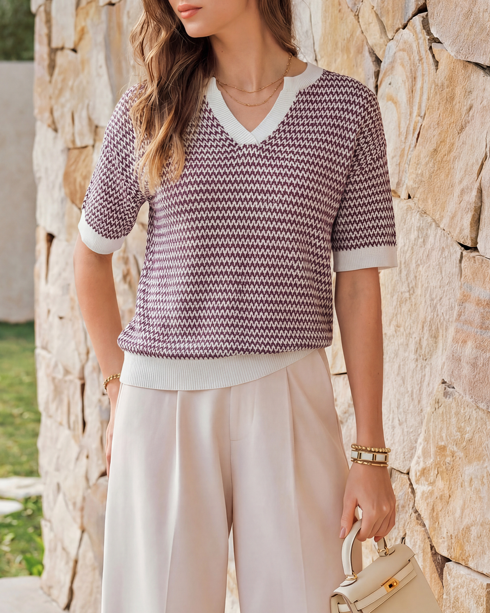Arach&Cloz Striped 100% Cotton V-Neck Polo Knit Top