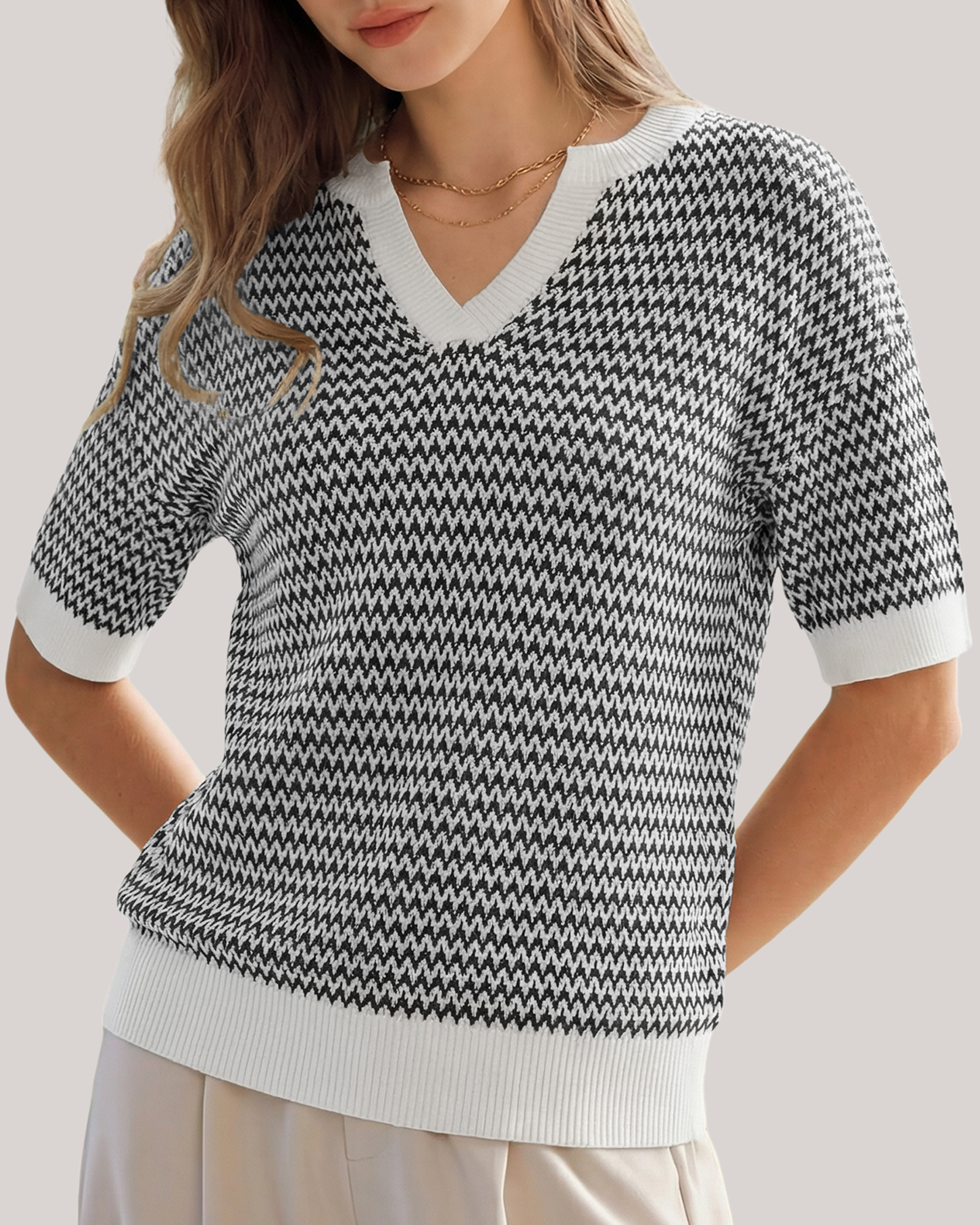 Arach&Cloz Striped 100% Cotton V-Neck Polo Knit Top