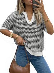 Arach&Cloz Women's 100% Cotton V-Neck Striped Short-Sleeve Polo Sweater (2026)