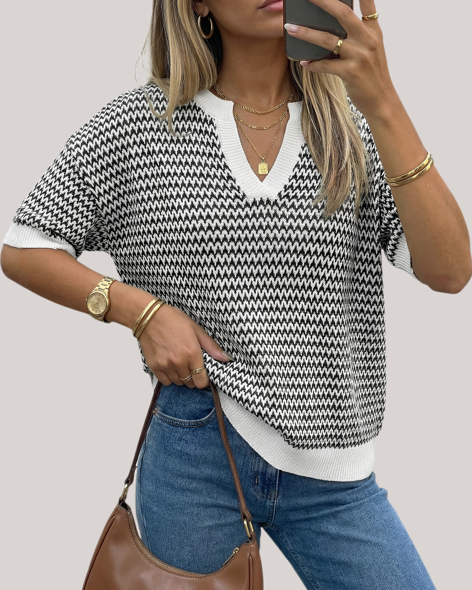 Arach&Cloz Striped 100% Cotton V-Neck Polo Knit Top