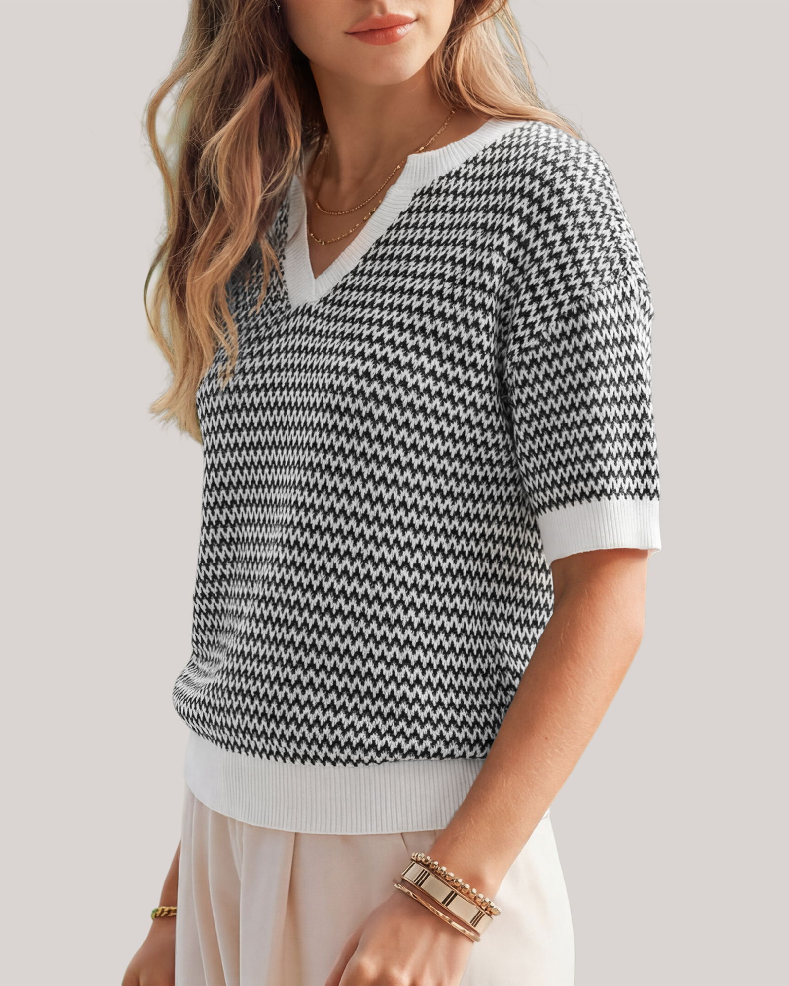 Arach&Cloz Striped 100% Cotton V-Neck Polo Knit Top