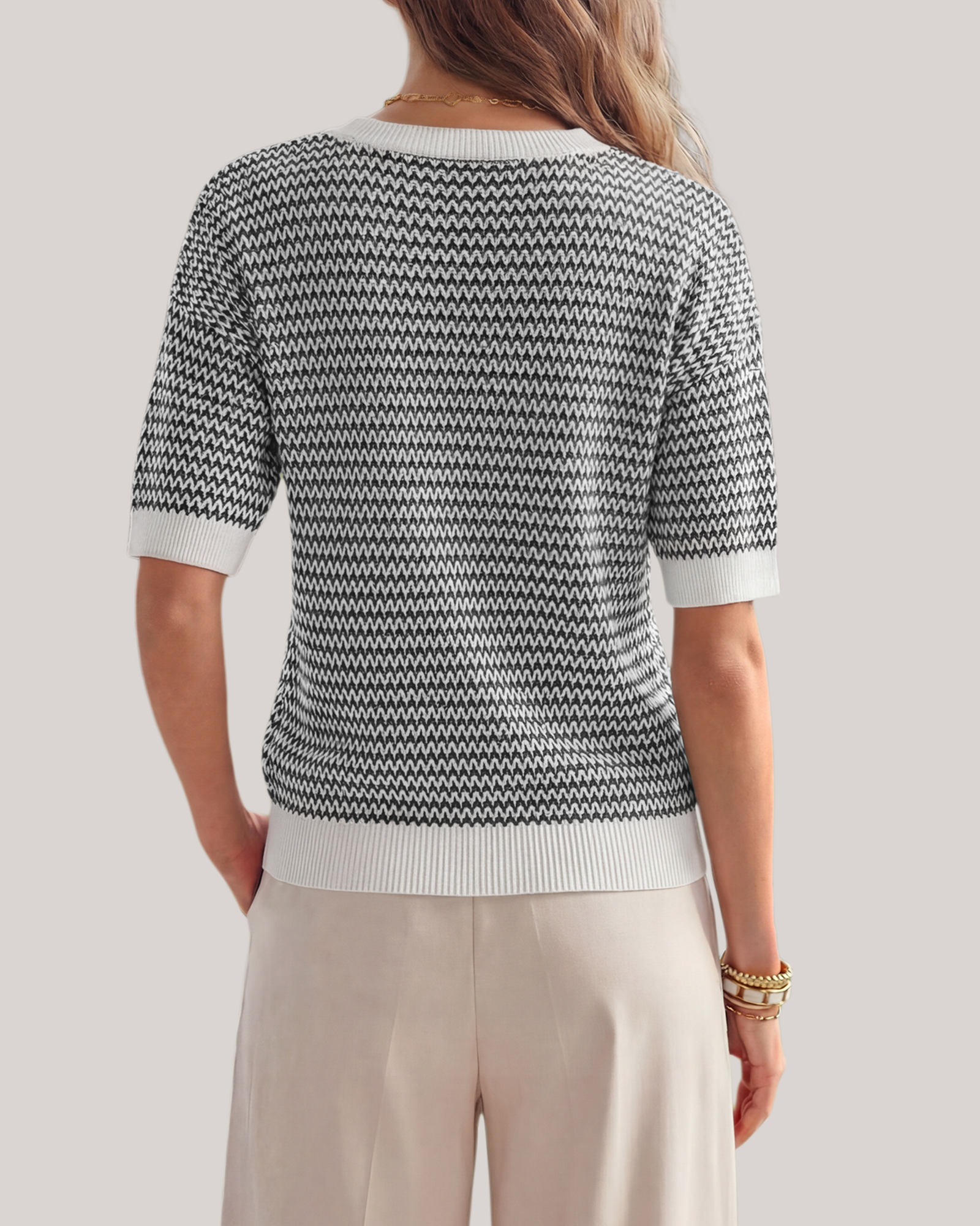 Arach&Cloz Striped 100% Cotton V-Neck Polo Knit Top