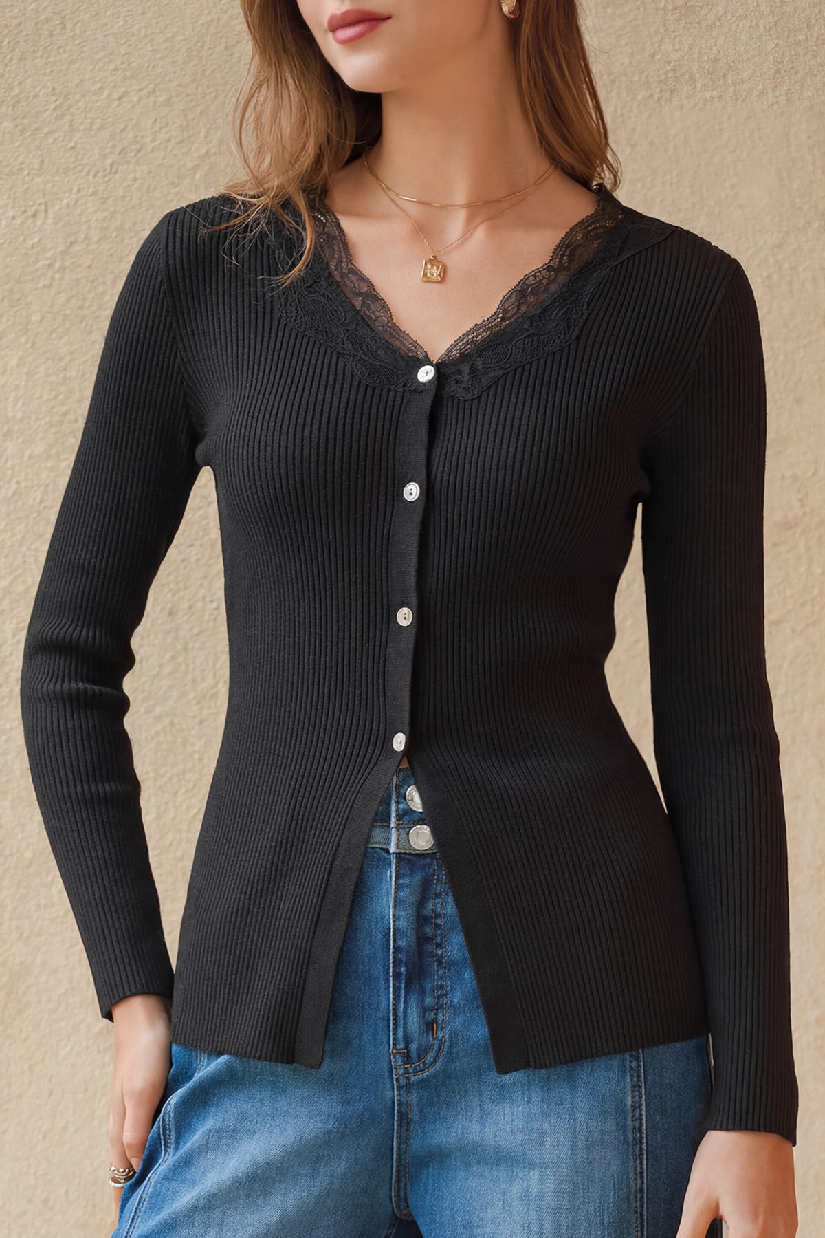 Arach&Cloz 100% Cotton Lace-Button Slim-Fit Cardigan — product image 10