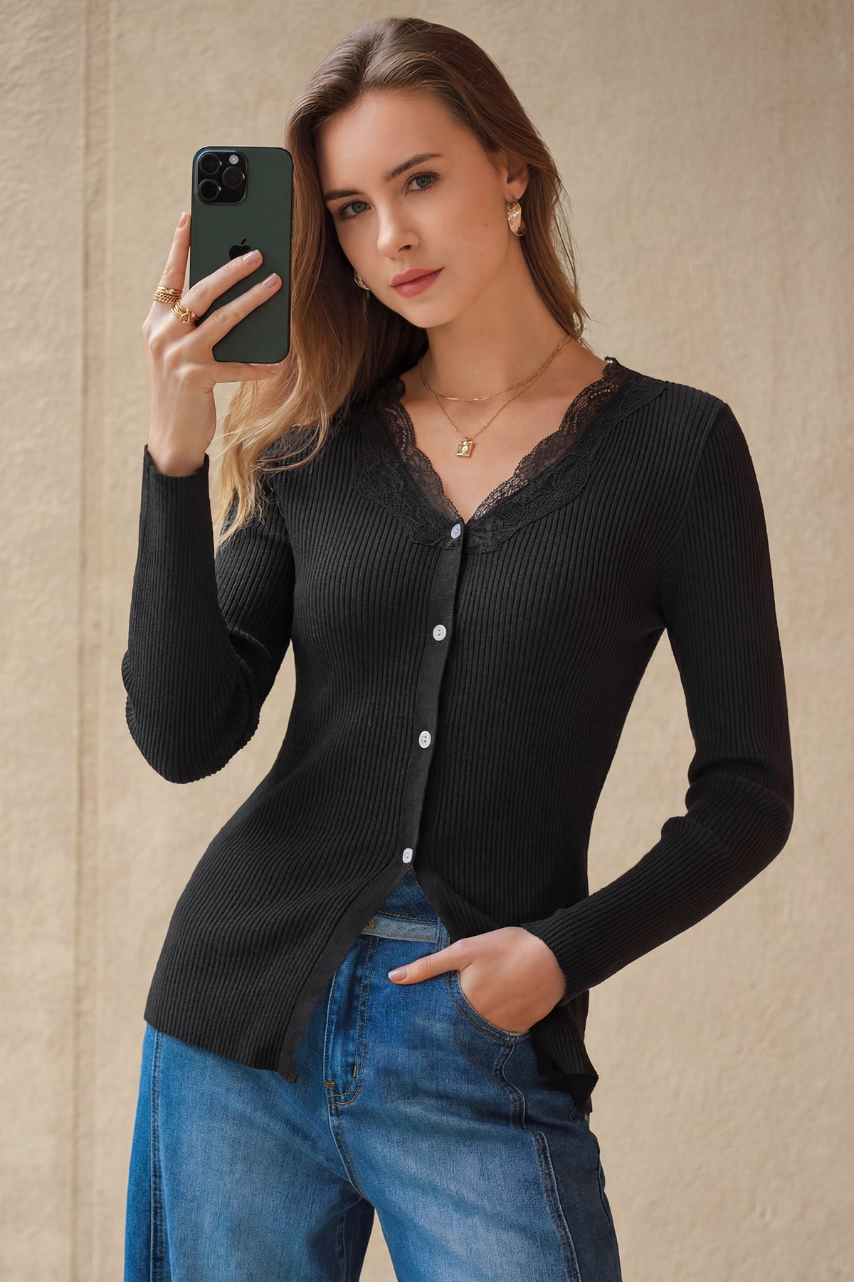 Arach&Cloz 100% Cotton Lace-Button Slim-Fit Cardigan — product image 11