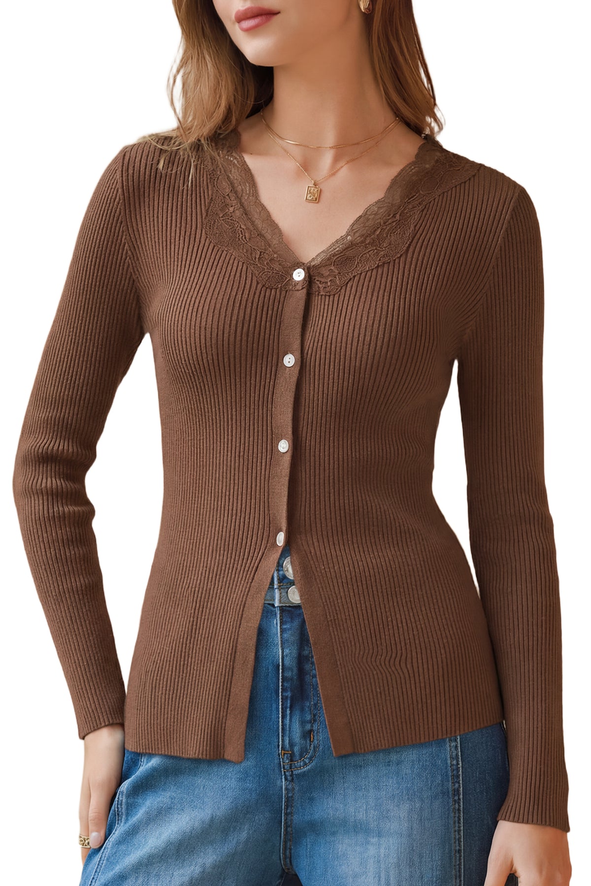 Arach&Cloz 100% Cotton Lace-Button Slim-Fit Cardigan — product image 17